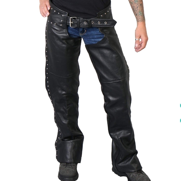 Hot Leathers Ladies Studded Black Leather Chaps - Picture 1 of 6